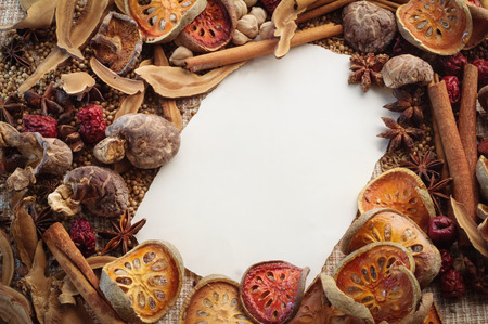 Spices and herbs  with copy space in the middleの写真素材