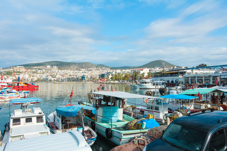 KUSADASI, TURKEY  2 december 2014 : The aerial view of the harbor of Kusadasi town with main quay. Aegean coast of Turkey.のeditorial素材