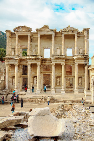 EPHESUS, TURKEY - december 2014 The front facade and courtyard of the Library of Celsus at Ephesus is an ancient Greek and Roman structure. Reconstructed by archaeologists from old stones, it is near the city of Izmir in Turkey.のeditorial素材