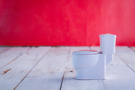 White toilet bowl  with red wall and white floor