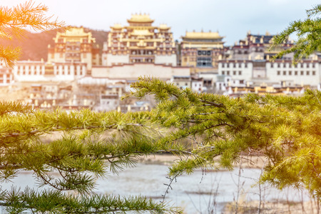 Landscape with tibetan monastery and lake  in Zhongdian city china .jpgのeditorial素材