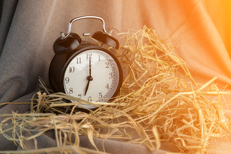 Alarm clock and dry hay. Photo in retro color style.の写真素材