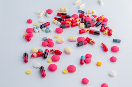 Drug prescription for treatment medication. Pharmaceutical medicament, cure in container for health....