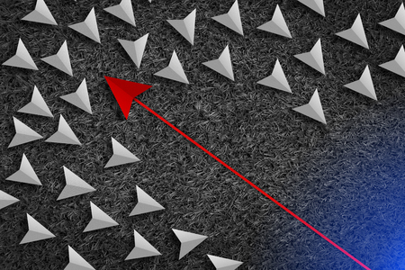 being different concept with red paper plane going in a different direction on black texture...
