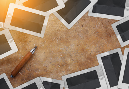 Blank brown texture and smartphone paper with pencil view from the top creativity ideas conceptの写真素材