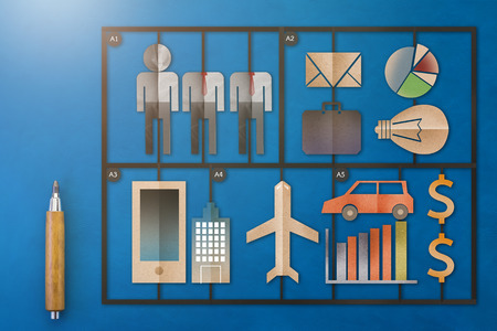 template of business man tools kits with paper cut flat style object on blue leather background  business concept.jpgの写真素材