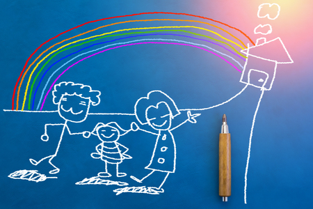 home sweet home concept with family hand draw with rainbow and little lovey home on blue color backgroundの写真素材