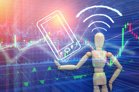 wood man figure with drawing of smartphone on color backgroundの写真素材