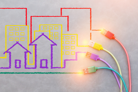 Concept technology background with lines, circles and icons. house building concept with smart houseの写真素材