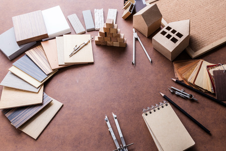 design concept with material sample with stone laminate veneer wooden pencil with free copy space for your creativity ideas textの写真素材