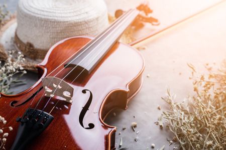 violin on grey background with free copyspace for your ideas textsの写真素材