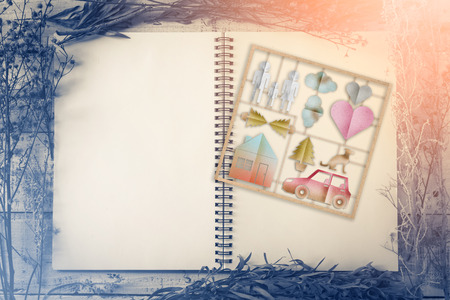 blank notebook on old vintage with dry flower on wooden background with free copyspace for your textの写真素材