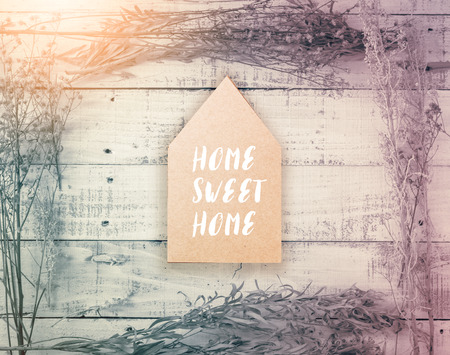 dry flower branch on vintage white wooden plank floor with free copyspaceの写真素材