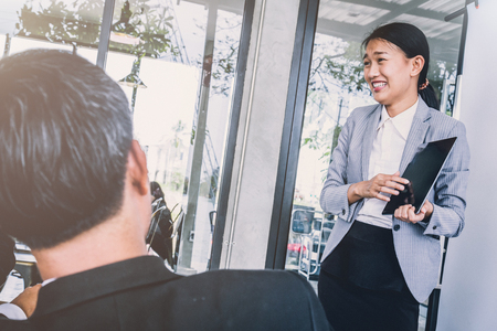 business teamwork idas concept with group of business people presentation and consulting at outdoor office spaceの写真素材