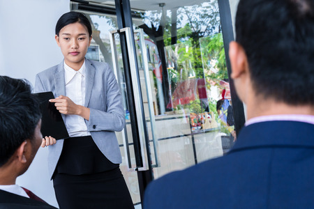 business teamwork idas concept with group of business people presentation and consulting at outdoor office spaceの写真素材