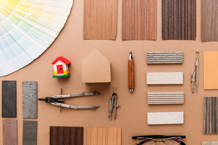 home design concept with material sample  stone laminate veneer and wooden pencil with free copy...