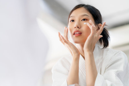 attractive freshness asian woman clean face fresh water with care look to mirror in bathroom home backgroundの写真素材