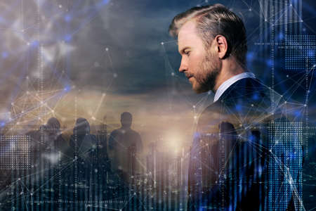 smart handsome beard caucasian businessman  double exposure with downtown city building and polygon...