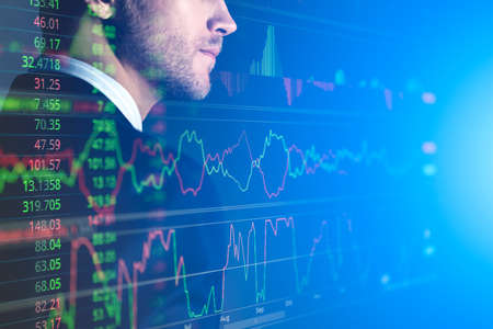 executive smart caucasian businessman  trade and invest in stock market double exposure with...