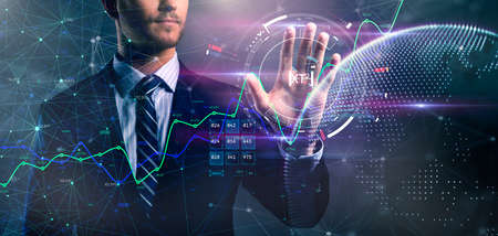 business innovation businessman formal suit hand control virtual futuristic device screen double...