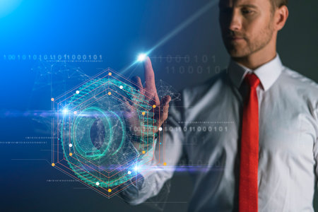 smart caucasian businessman hand point hologram of 3d gear with virtual reality business technology...