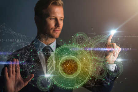smart caucasian businessman hand point hologram of 3d gear with virtual reality business technology ideas conceptの写真素材