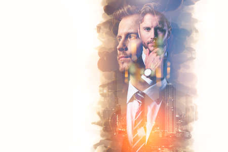 business caucasian man standing leadership in blur background people crowd double exposure image...