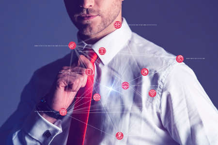 businessman formal suit hand point world global virtual map with polygon connecting line business technilogy ideas conceptの写真素材