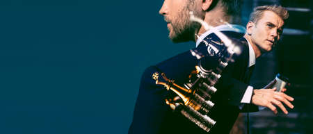 elegance caucasian Successful businessman  double exposure with running action male and chess board and pile of stack coin money innovation business ideas conceptの写真素材