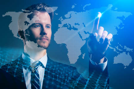 businessman caucasian investor hand point virtual world map creativity business globalize ideas...