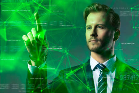 smart caucasian businessman double exposure with virtual reality screen connecting line smart...