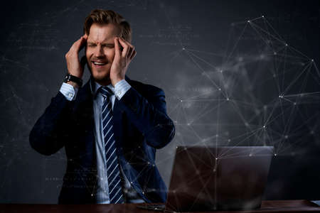 bad feeling with overwork caucasian businessman hand touch part of body hurt and painful emotion...