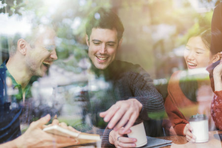 mix asian woman caucasian men People Meeting Friendship Togetherness Coffee Shop Concept casual...