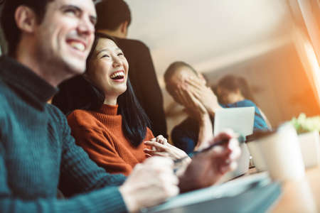mix asian woman caucasian men People Meeting Friendship Togetherness and happiness enjoy at Coffee...