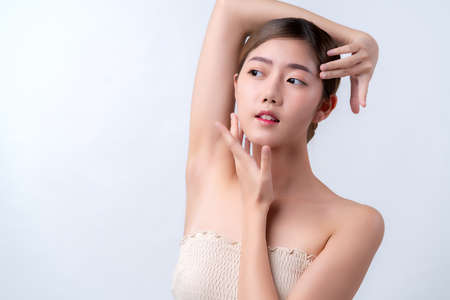 skincare and makeup concept beautiful asian female woman with healthy facial skin close up portrait...