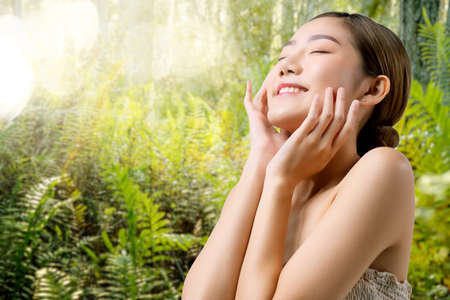 skincare and makeup concept beautiful asian female woman with healthy facial skin close up portrait...