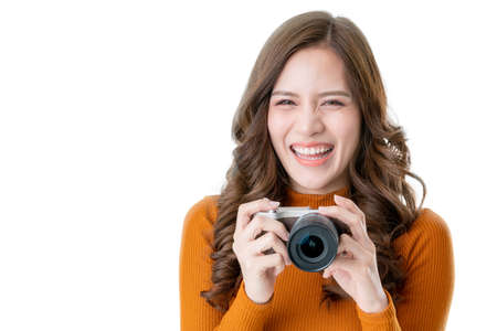 beautiful asian woman traveller tourist tale photo with happiness and joyful moment isolate white...