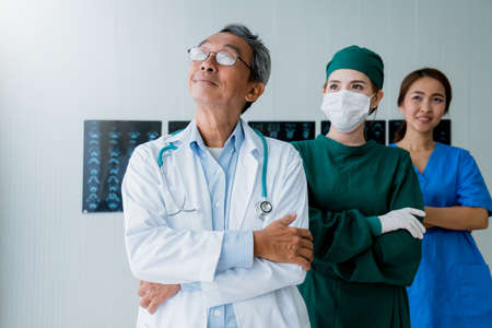 hospital doctor and nurse successful teamwork asian expert person smile with happiness and confident...