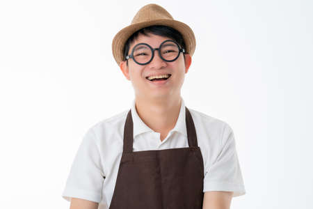 smart glasses happiness asian friendly shop owner wear brown apron portrait half body smile and look...