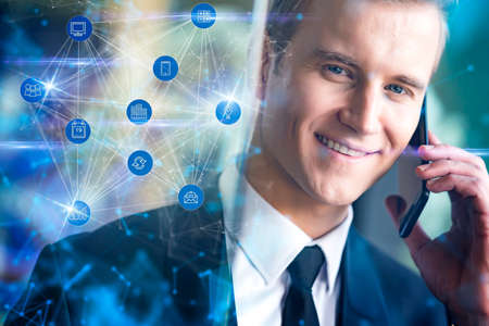 smart handsome caucasian executive officer work and contact client with smartphone office building...