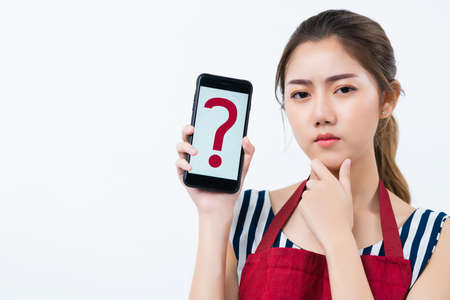 coffeeshop restaurant business owner wear apron hand hold smartphone show questionmark sign with...