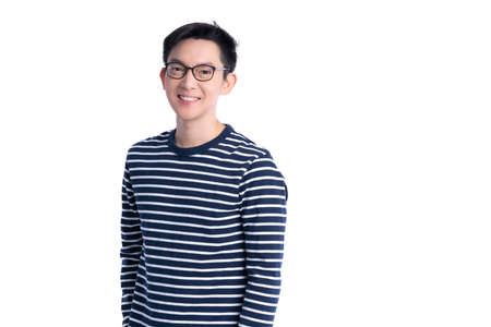 portrait asian glasses attrative male casual costime smile with cheerful and confident positive...