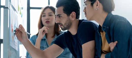 creative agency business brain storm meeting presentation Team discussing roadmap to product launch, presentation, planning, strategy, new business developmentの写真素材