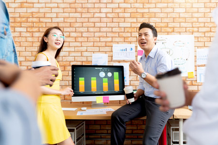creative asian agency business brain storm meeting presentation Team discussing roadmap to product launch, presentation, planning, strategy, new business developmentの写真素材