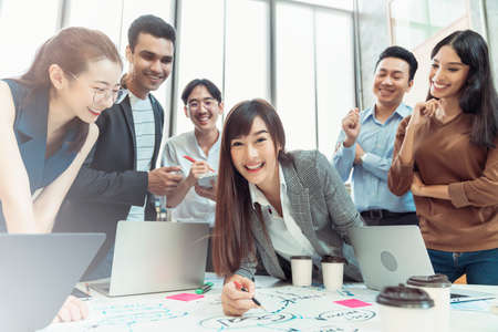 creative agency business brain storm meeting presentation Team discussing roadmap to product launch, planning, strategy, new business developmentの写真素材