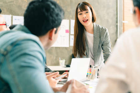 creative agency business brain storm meeting presentation Team discussing roadmap to product launch, presentation, planning, strategy, new business developmentの写真素材