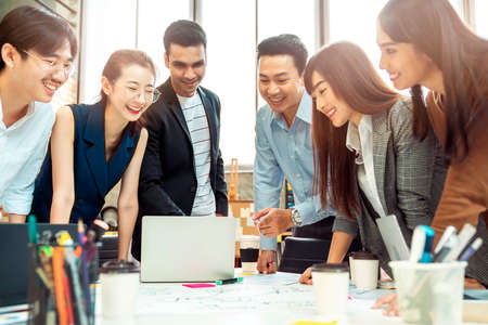 creative agency business brain storm meeting presentation Team discussing roadmap to product launch, planning, strategy, new business developmentの写真素材