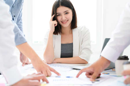 creative agency business brain storm meeting presentation Team discussing roadmap to product launch,...