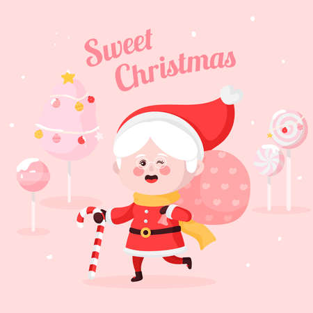 Have a Sweet Christmas with modern granny santa clause wear in pink fantasy dreamy pastel sweet candy background illustration vectorのイラスト素材