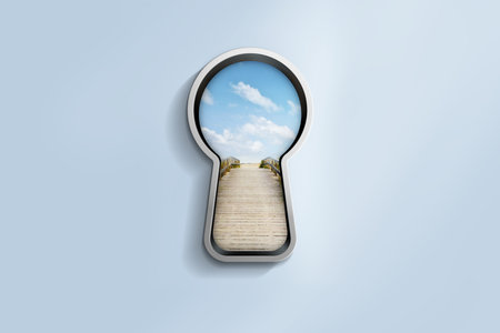 Light blue wall with silver keyhole window path to freedom view. Path, access, life concept. 3D illustrationの写真素材